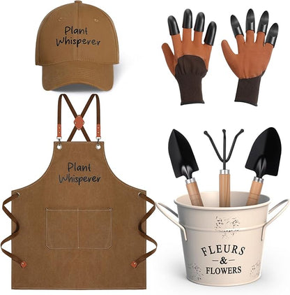 Tarpop Garden Tool Set Christmas Plant Whisperer Gardening Gifts for Women, 7 Pcs Vegetable Planting Tool Kit Cap Canvas Apron Gloves Soil Scoop Transplant Trowel Cultivator Flower Tub(Brown)
