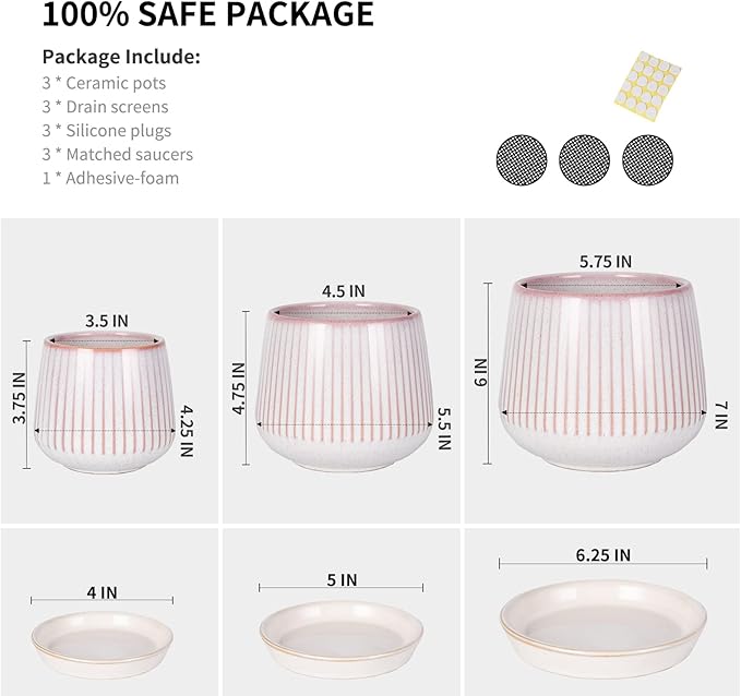 TAMAYKIM 7 + 5.5 + 4.25 Inch Ceramic Plant Pots with Drainage Hole and Ceramic Tray, Adorable Pink Flower Planter Pot Sets for Indoor Outdoor Plants, Succulent, Snake Plants, Cactus & Herbs, Set of 3