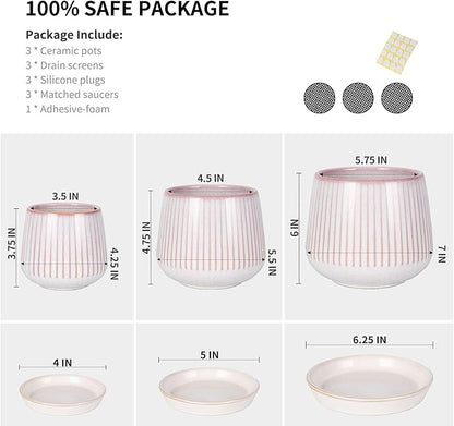 TAMAYKIM 7 + 5.5 + 4.25 Inch Ceramic Plant Pots with Drainage Hole and Ceramic Tray, Adorable Pink Flower Planter Pot Sets for Indoor Outdoor Plants, Succulent, Snake Plants, Cactus & Herbs, Set of 3