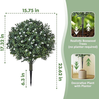 24" Artificial Boxwood Topiary Ball Bush with White Flowers, Set of 2 Artificial Shrub Bushes with Spike, Fake Evergreen Tree for Porch, Artificial Plants for Outdoor Planters Indoor UV Resistant