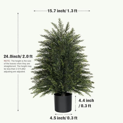 2FT Artificial Cedar Trees Set of 2, Realistic Faux Evergreen Topiary Bushes Plants, Outdoor Potted Fake Cypress Shrubs for Front Porch Garden Home Living Room Decor