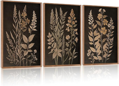HLNIUC Vintage Botanical Fern Framed Canvas Wall Art Set,Black and Tan Plant Leaves Wall Decor,Modern Farmhouse Art Print,Neutral Minimalist Herb Floral Wall Painting for Living Room,Office - 24”x36”3