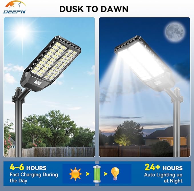 Deepn 9000W Solar Street Light, Bright LED Security Solar Flood Light with Motion Sensor & Dusk to Dawn, IP67 Waterproof Commercial Lights Outdoor for Outside, Parking Lot, Street, Yard, 2 Pack