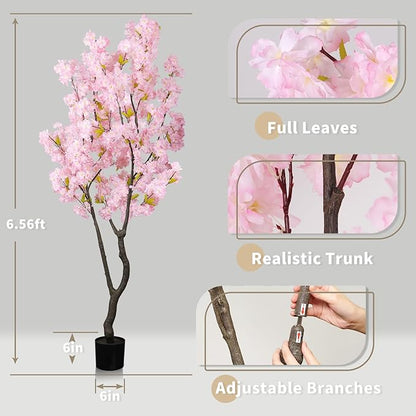 6.56ft Tall Pink Artificial Cherry Blossom Tree Decor, Fake Silk Flower Plant Indoor, Sakura Tree Realistic Faux Cherry Tree for Christmas New Year Home Decor