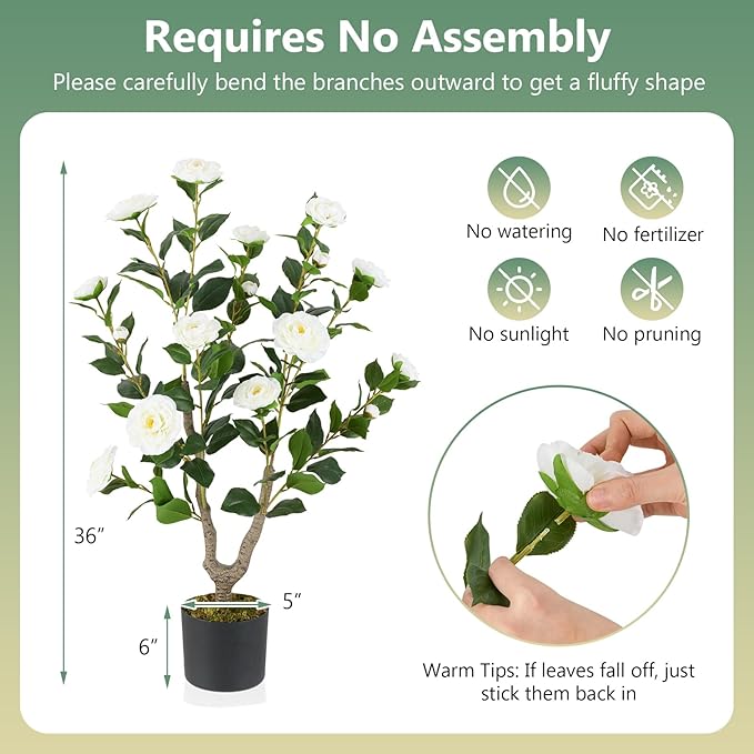 Goplus 36’’ Artificial Camellia Tree, Flower Plants Artificial Tree, Faux Floral Plant Blooming Tree in Nursery Pot, Greenery Potted Plant for Indoor Office Home Porch Decor, White