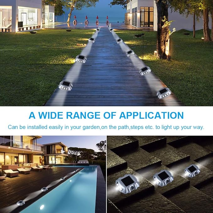 VOLISUN Solar Deck Lights, 16-Pack Led IP67 Waterproof Outdoor Warning Step Lights for Driveway, Sidewalk, Garden Pathway, Yard (White)