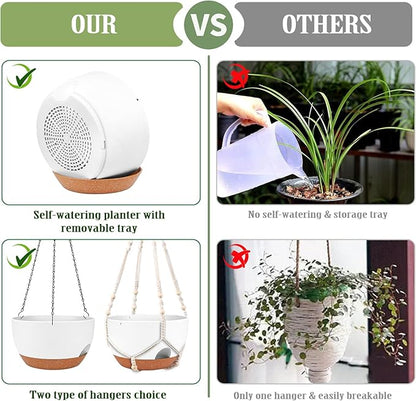 Hanging Planters for Outdoor Indoor Plants, 2 Pack 12 Inch Hanging Basket Plants Outdoor, Self Watering Hanging Planter with Plant Hanger for Garden Home Decoration (White)