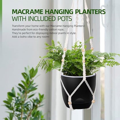 2-Pack 5.7-Inch Self-Watering Hanging Planters for Indoor & Outdoor Plants,34Inch Macrame Hanger Plant Pots Indoor with Drainage,Small Hanging Planters & Baskets,With Two Sets of Hooks（Pure black）