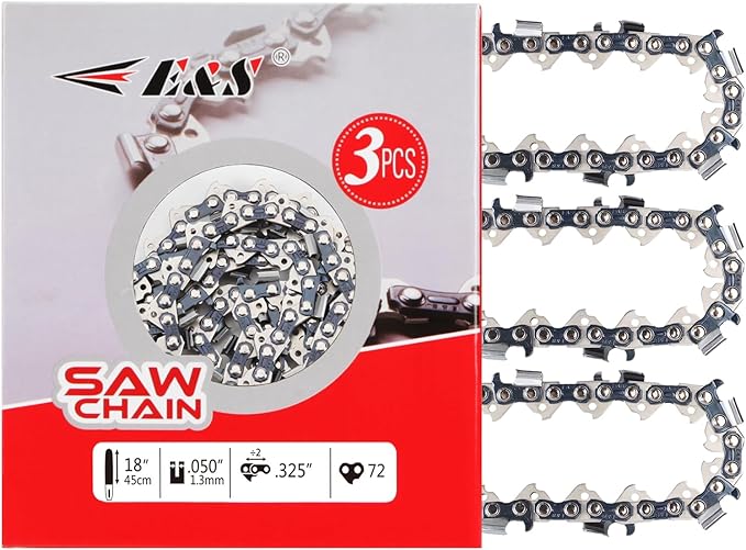 E & S 3 Pack 18 Inch Chainsaw Chain .325" Pitch .050" Gauge 72 Drive Links Semi-Chisel Chain Saw Chains for Husqvarna, Poulan, Craftsman, Greenworks and More Chainsaw Brands