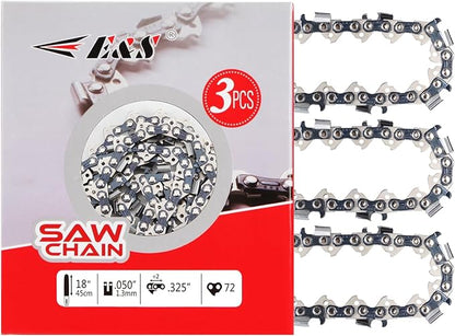 E & S 3 Pack 18 Inch Chainsaw Chain .325" Pitch .050" Gauge 72 Drive Links Semi-Chisel Chain Saw Chains for Husqvarna, Poulan, Craftsman, Greenworks and More Chainsaw Brands