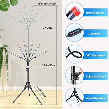 6-Head Grow Light with Stand and Timer, 54 Watt Power Home Plug LED Grow Lights for Indoor Plants for Tall Houseplants, Bonsai Tree, Seed Starting, 24"-64" Adjustable Height