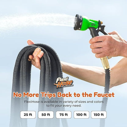 Flexi Hose Plus Expandable Garden Hose with 8 Function Nozzle, 75FT - Lightweight Retractable Garden Hose, Water Hose - No-Kink Flexibility, 3/4 Inch Solid Brass Fittings Includes Hook & Bag