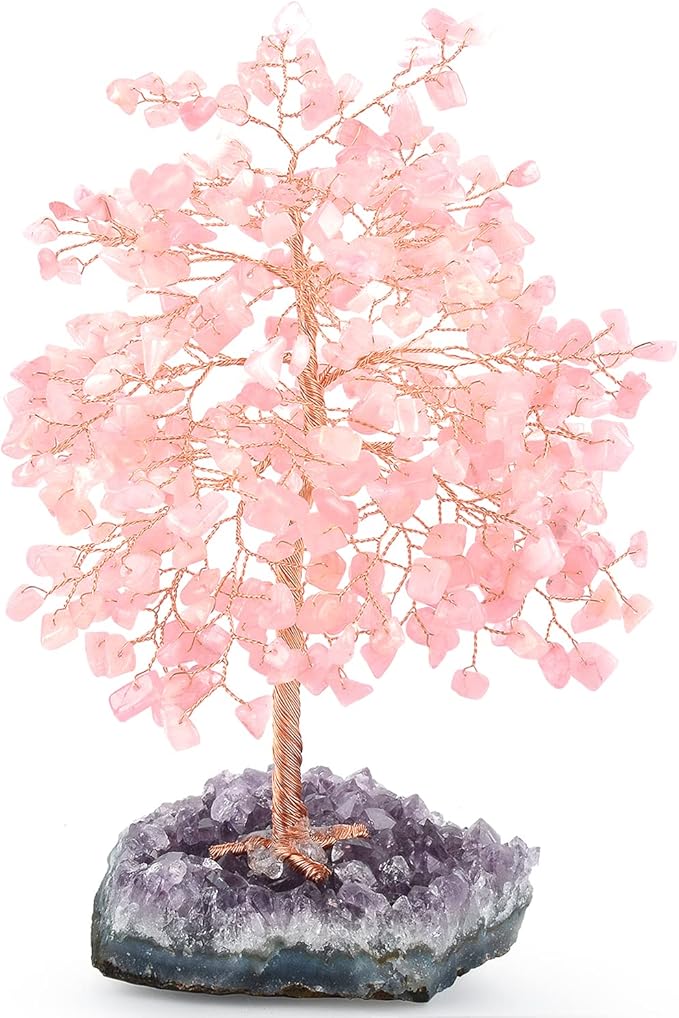 Gemstone Crystal Tree of Life,Natural Rose Quartz(406 Stones Count) with Amethyst Cluster Base,Chakra Positive Energy Feng Shui Decor Bonsai Money Tree,Birthday Gift 8.5''-9''