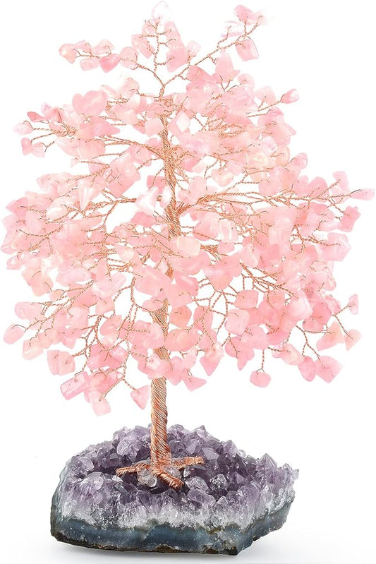 Gemstone Crystal Tree of Life,Natural Rose Quartz(406 Stones Count) with Amethyst Cluster Base,Chakra Positive Energy Feng Shui Decor Bonsai Money Tree,Birthday Gift 8.5''-9''