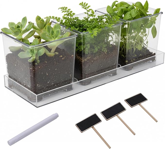 Indoor Herb Garden Kit, Herb Planter Set with Tray, Set of 3 Acrylic Garden Pots, Window Sill Plant Shelf with Drainage Holes and Labels & Marker Pen, Rosemary Plant Pots