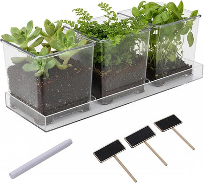 Indoor Herb Garden Kit, Herb Planter Set with Tray, Set of 3 Acrylic Garden Pots, Window Sill Plant Shelf with Drainage Holes and Labels & Marker Pen, Rosemary Plant Pots