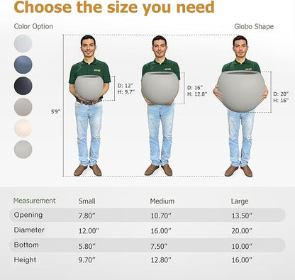 16"H x 20"D Globo Fiberstone Round Planter with Drainage Hole, Smooth Finishes, Weather Resistant for Indoor and Outdoor Use, Included 2 Extra Coco Mats (Light French Gray, 13.5 Pot Opening)