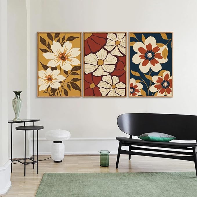 Rantodecor Vintage Floral Framed Canvas Wall Art Set, Mid Century Modern Flowers Wall Decor, Minimalist Retro Botanical Art Paintings, Colorful Neutral Plant for Bedroom Living Room Office 16"x24"x3