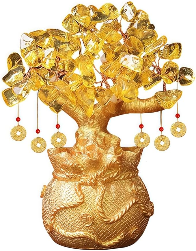 Citrine Crystal Money Tree – Feng Shui Wealth for Prosperity, Golden Money Bag Bonsai, Lucky Gemstone Tree for Home & Office