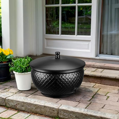 Monarch Abode Garden Hose Holder with Lid – Decorative Water Hose Holders for Outside, Diamond Embossed Metal Matte Black Pot with Drainage, 100ft Waterhose Holder for Outside, Garden Storage Caddy