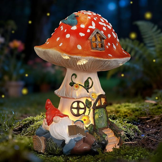Solar Mushroom Gnome Reading Light, Weatherproof Resin Fairy Garden Figurine Decor Auto On/Off - Book Lover for Pathway & Patio