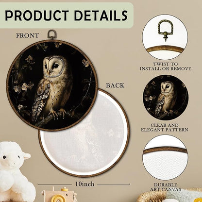 cvjutf Moody Gothic Barn Owl Wall Art Decor Framed, Dark Academia Cottagecore Owl Botanical Round Wall Decor Decorations, Gothic Witchy Canvas Prints Art for Home Bedroom Living Room Gallery, 10x10