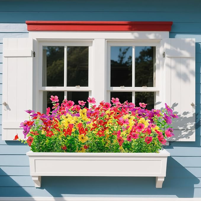 FGSAEOR 12 Bundles Artificial Flowers for Outdoor Indoor, Faux Flower Daisy with Eucalyptus Leaves Fake Plants Greenery, Garden Home Decor for Boxwood Porch Patio (Red/Pink/Purple/Yellow)