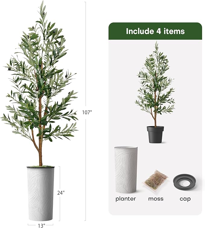 Artificial Tree in White Marble Effect Planter, Fake Olive Silk Tree for Indoor and Outdoor Home Decoration - 68" Overall Tall (Plant Pot Plus Tree)