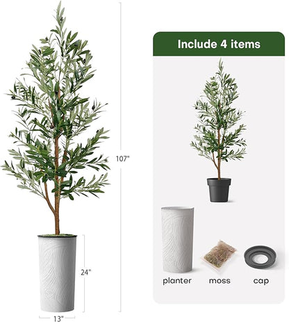 Artificial Tree in White Marble Effect Planter, Fake Olive Silk Tree for Indoor and Outdoor Home Decoration - 68" Overall Tall (Plant Pot Plus Tree)