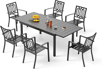 PHI VILLA 7 Piece Patio Dining Table Set, Expandable Rectangular Metal Dining Table & 6 Steel Patio Chairs for Outdoor, Deck, Yard