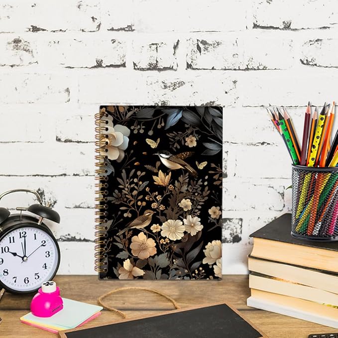 Vintage Botanical Floral Bird Spiral Notebook, Dark Cottagecore Flower Journal Notebook, Retro Wildflower Botanical Journaling Notebooks for Women, Moody Floral Office School Supplies Gifts, 5.5x8.3 In