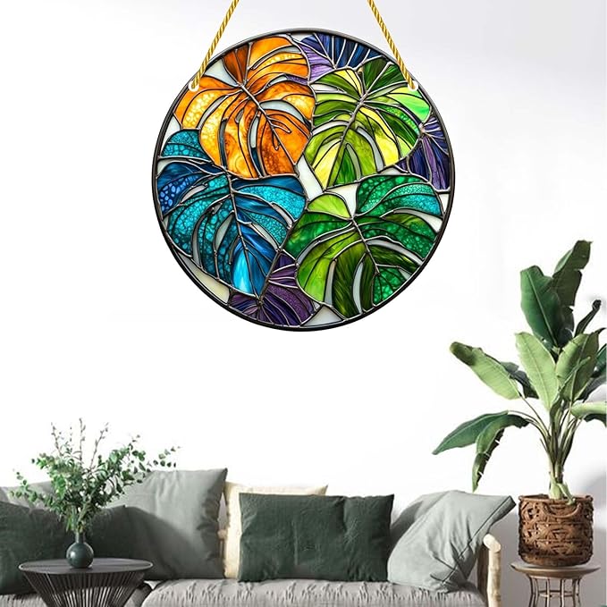 Acrylic Stained Window Hanging Monstera Plant Art Acrylic Decoration for Indoor Outdoor Home Bar Office Garden Plastic Ornament Decor 8x8 Inch