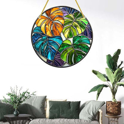 Acrylic Stained Window Hanging Monstera Plant Art Acrylic Decoration for Indoor Outdoor Home Bar Office Garden Plastic Ornament Decor 12x12 Inch