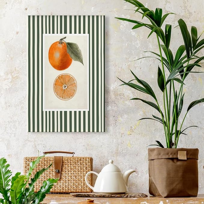 Vintage Green Striped Orange Fruit Canvas Wall Art Modern Farmhouse Botanical Kitchen Food Prints Posters Minimalist Colorful Aesthetic Pictures Boho Decor for Bedroom Restaurant 20x30inch Unframed