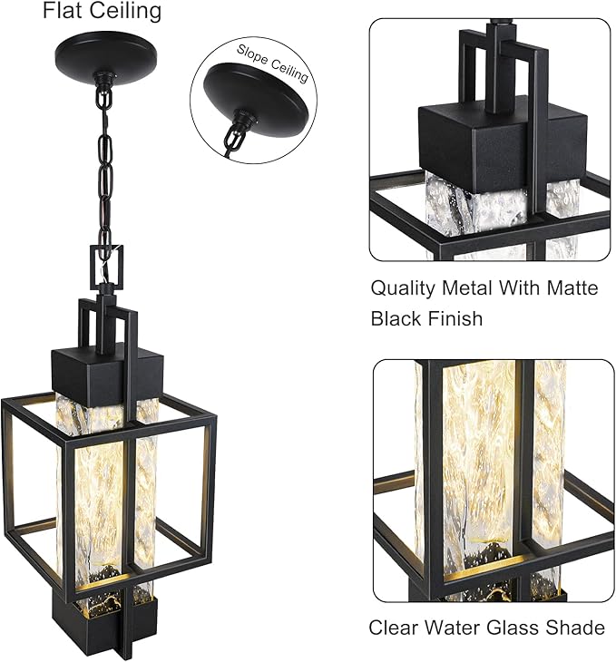 15" Outdoor Indoor Pendant Light Exterior Hanging Lantern, Modern Black Metal Outside Chandelier Light Fixture Ceiling Mount with Water Glass for Front Porch Entrance Foyer Entryway (Bulb Included)