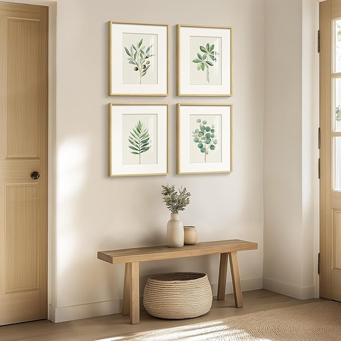 Framed Boho Sage Green Botanical Wall Art for Living Room, Farmhouse Minimalist Plant Artwork for Walls, 4 piece Vintage Leaf Picture Prints for Bathroom Bedroom Kitchen Wall Decor, 12x16 Inch