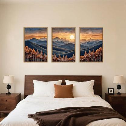 HOURIA Boho Wilderness Sunset Woodland Mountain Framed Canvas Wall Art Set,Vintage Golden Hour Forest Landscape Decor,Natural Modern Pine Tree Botanical Artwork for Living Room,Farmhouse-24 x36 x3