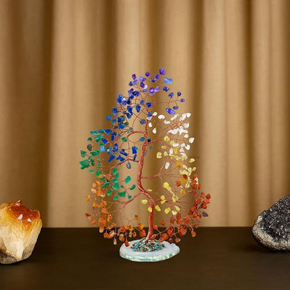 Seven Chakra Crystal Gem Tree with Natural Agate Slice Base – Handmade Wire Tree for Energy Healing, Meditation & Home Decor