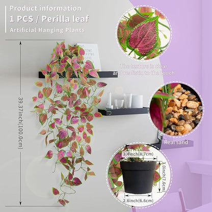LOYWREE 2 Pack Artificial Purple Ivy Hanging Vine Plants - Small Potted Long Trailing Cascading Foliage, Gothic Home Decor for Indoor/Outdoor, Office, Garden & Shelf (Black Pot Included)