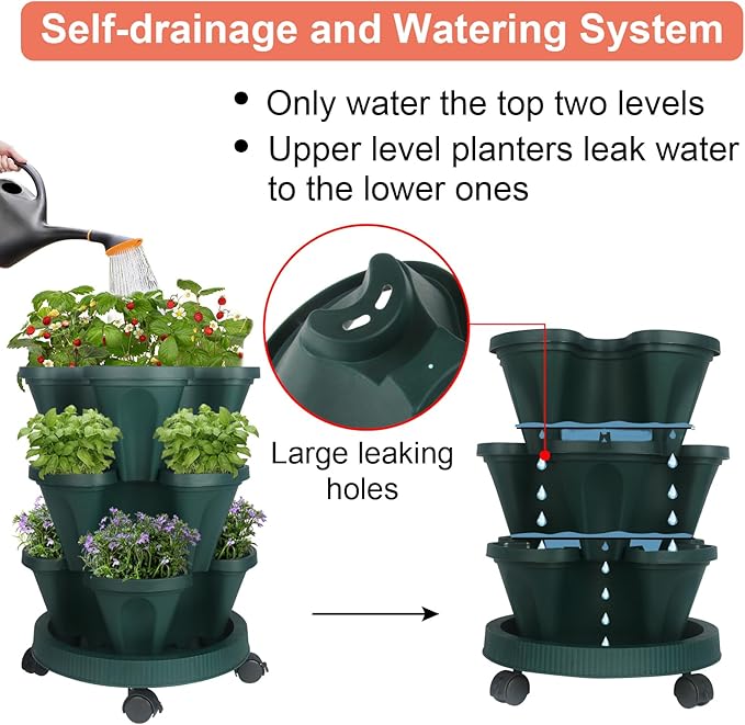 GameXcel Vertical Planter 3 Tier Stackable Planters Garden Planters Strawberry Herb Flower and Vegetable Planter Indoor Outdoor Gardening Pots with Removable Wheels and Tools 2-Pack