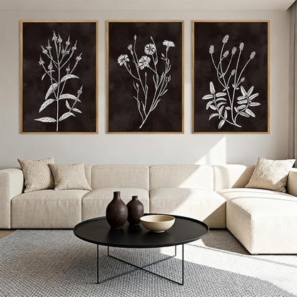 Extra Large Black and White Floral Wall Art Framed Botanical Wall Decor 3 Pieces for Bathroom Living Room Bedroom 24x36 Inch