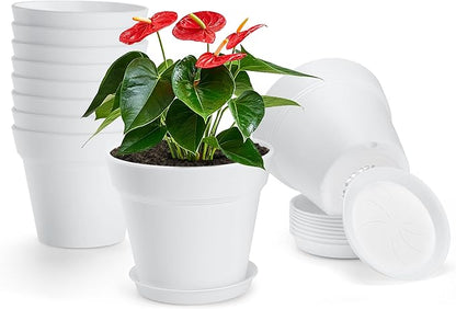 10 Pack Plastic Plant Pots with Drainage Holes and Tray, 6 inch Thickened Indoor Planters Seedlings Nursery Pots for Flowers, African Violet, Succulent and All House Plants, White