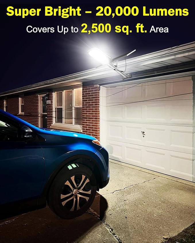 Engrepo Solar Street Light Outdoor, 20000LM Solar Parking Lot Lights Commercial Dusk to Dawn Outside, IP65 Waterproof Security Led Flood Light with Remote Control for Street, Court, Barn, Yard.