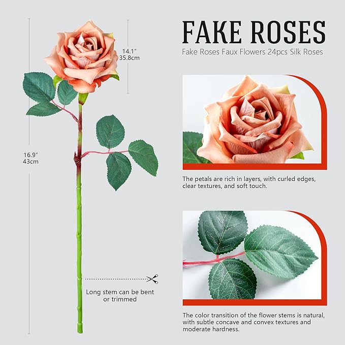 Fake Roses Faux Flowers Silk Roses Artificial Roses with Stems Realistic Artificial Flowers Suitable for Indoor Home Decoration Diy Bouquet Wedding Decoration Party Decor 24PCS Khaki 16.5In
