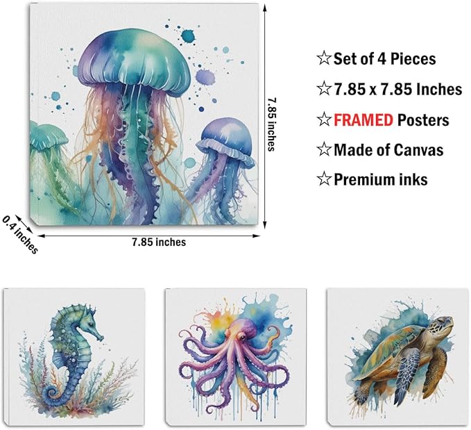 4 Pcs Watercolor Octopus Sea Turtle Seahorse Jellyfish Canvas Wall Art Framed Sea Animals Art Posters Pictures Wall Decor Ocean Canvas Decoration Artwork for Walls Home Living Room Bedroom Office