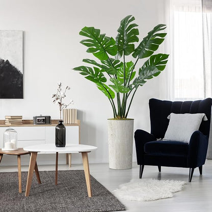 Artificial Tree in Modern Swirl Pattern Planter, Fake Monstera Silk Tree for Indoor and Outdoor Home Decoration - 65" Overall Tall (Plant Pot Plus Tree)