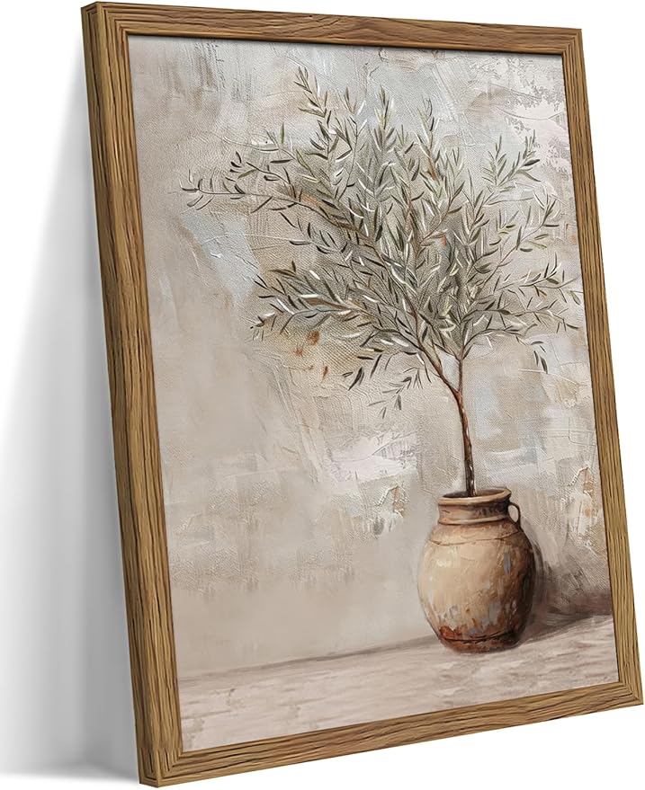 Vintage Olive Tree Framed Wall Art Prints, Modern Farmhouse Botanical Canvas, Rustic Potted Plant Paintings Wall Decor, Home Decor Aesthetic Pictures for Living Room Bedroom – 12x16 inch