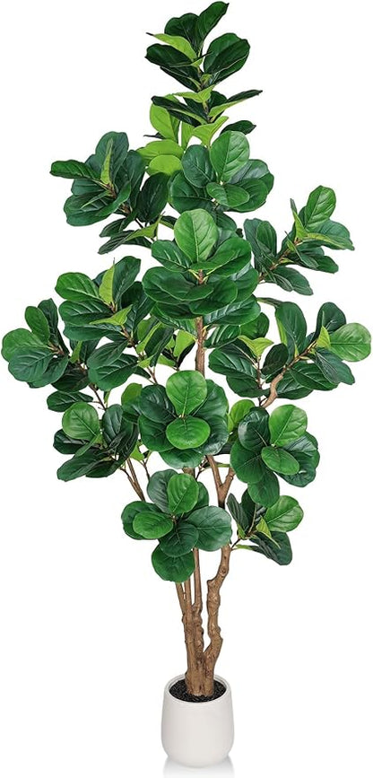 8 FT Artificial Fiddle Leaf Fig Tree with White Planter and Black Pebble, Tall Faux Ficus Lyrata with Thick Trunk and Emerald Leaves, Fake Ficus Tree for Office Home Indoor Decor