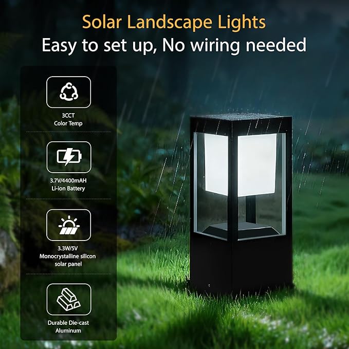 Solar Bollard Lights Outdoor, 13" Modern Led Landscape Pathway Lights Waterpoorf, Path Lighting for Garden Yard Decoration, 3CCT Seturable, Auto On/Off, Lawn and Concrete Mount (2 Pack)