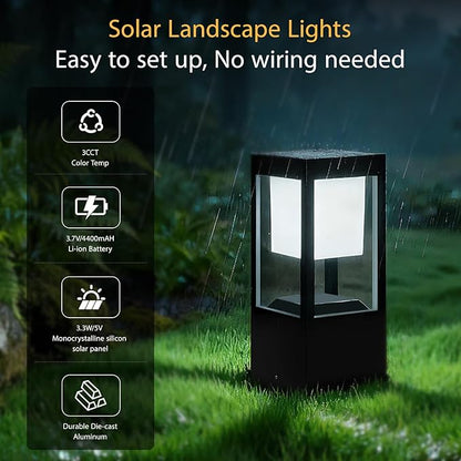Solar Bollard Lights Outdoor, 13" Modern Led Landscape Pathway Lights Waterpoorf, Path Lighting for Garden Yard Decoration, 3CCT Seturable, Auto On/Off, Lawn and Concrete Mount (2 Pack)